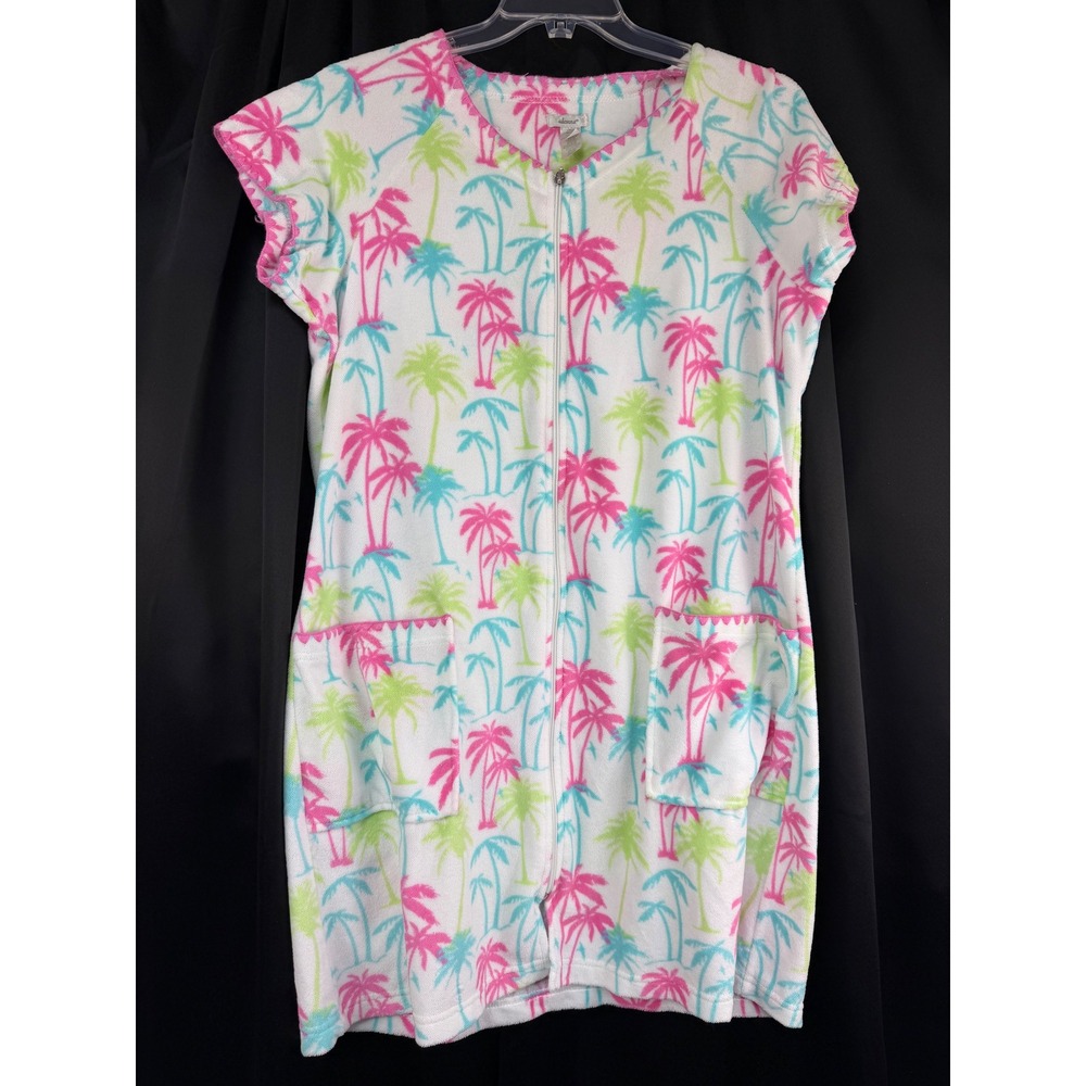 Adonna Womens Large Palm Tree Terry Cloth Zip Front Housecoat Pink Green Pockets